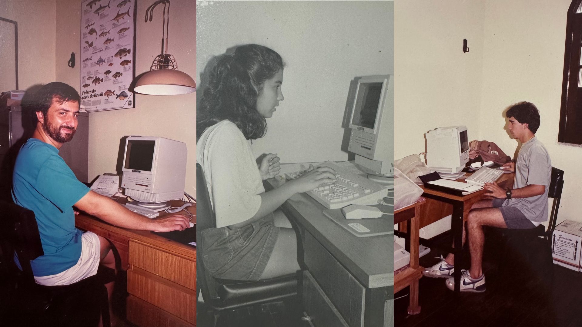 Imazon researchers sharing a computer in the 90s (Photo: Imazon Archive)