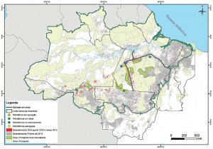 Mapa do desmatamento na Amazônia, com destaque para as Áreas Protegidas mais desmatadas segundo o SAD, entre agosto de 2012 e março de 2013.