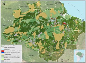 Desmatamento e Degradação Florestal em novembro de 2014 na Amazônia Legal (Fonte: Imazon/ SAD).
